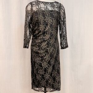David Meister Black and Gold Lace 3/4 Sleeve Dress